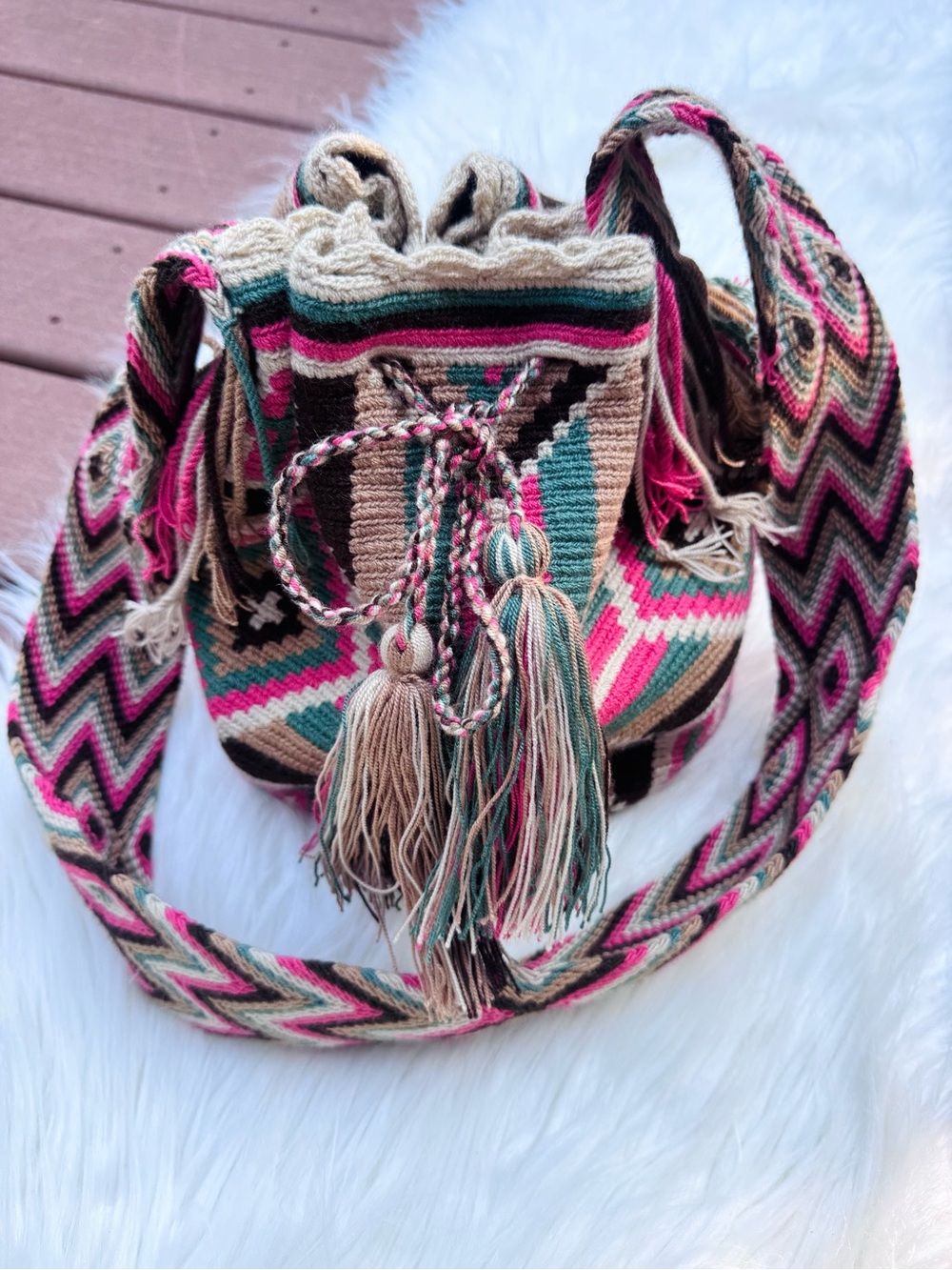 Handwoven Boho Wayuu Crossbody Bag in Pink, Teal & Brown